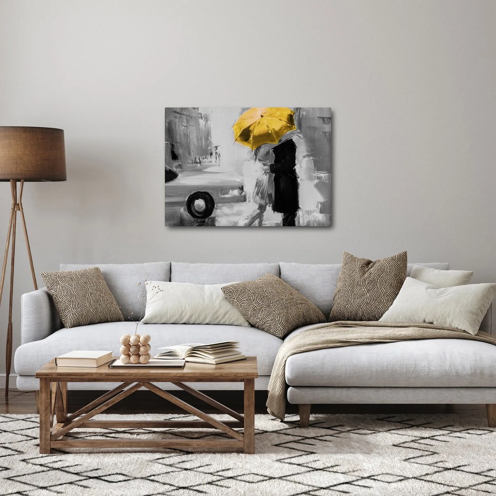 Tablou - Cuplu în dragoste sub o umbrelă, galben (70x50 cm)