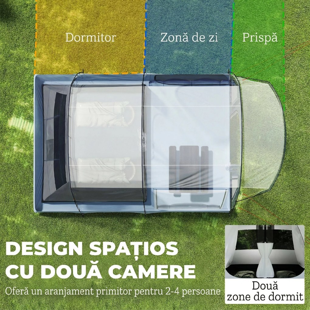 Outsunny Cort de Camping Tunel pentru 2-4 Persoane, Înălțime 213cm, cu 2 Camere, Cort Familial Impermeabil 3000mm cu Verandă, Ferestre, Buzunare, Cârlig și Geantă de Transport, Bleumarin | Aosom Romania