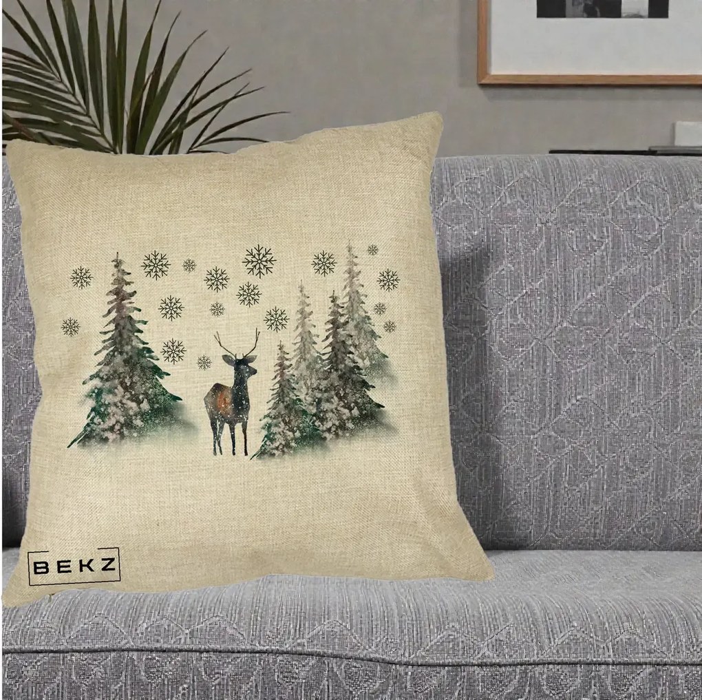 Perna Decorativa Ren in Padure Inzapezita, 40x40 cm, Crem, Husa Detasabila, Perna Inclusa, BEKZ®