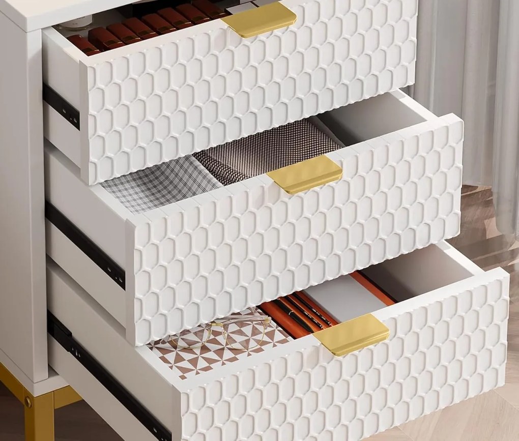 NOA70 - Set 2x Noptiere 50 cm, cu 3 sertare, dormitor - Alb - Auriu