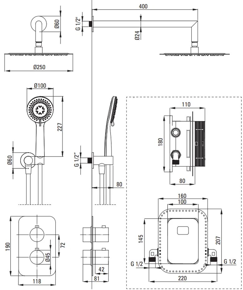 Set de dus incastrat cu baterie termostatica inclusa Deante Box, auriu periat Auriu periat