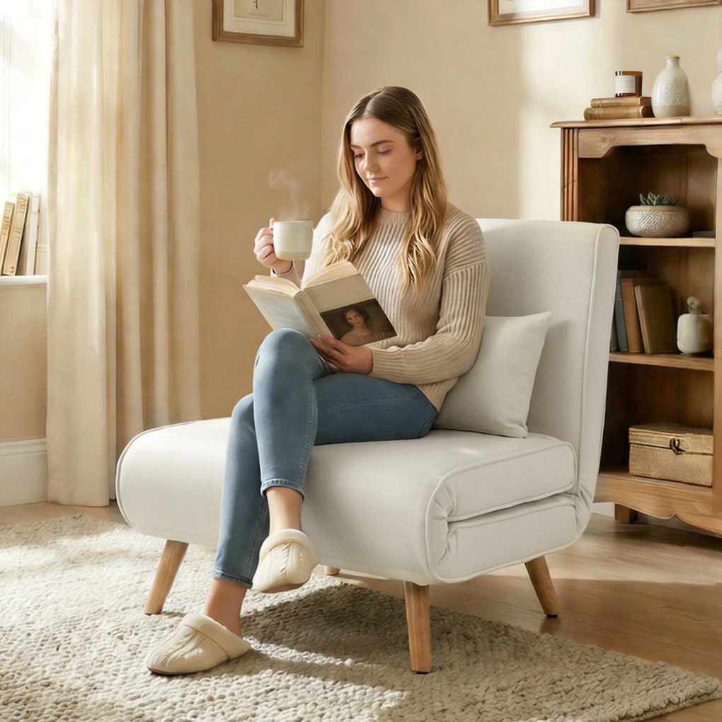 HOMCOM Fotoliu-șezlong convertibil 3 în 1 pat/fotoliu 1 loc, spătar 5 poziții, material textil cu pernă, crem | Aosom Romania