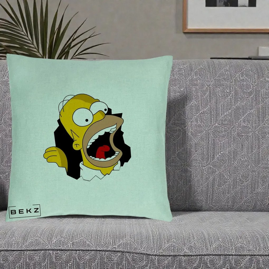 Perna Personalizata Homer Simpson Surpriza, 40x40 cm, Verde Menta, Husa Detasabila, Perna Inclusa, BEKZ®