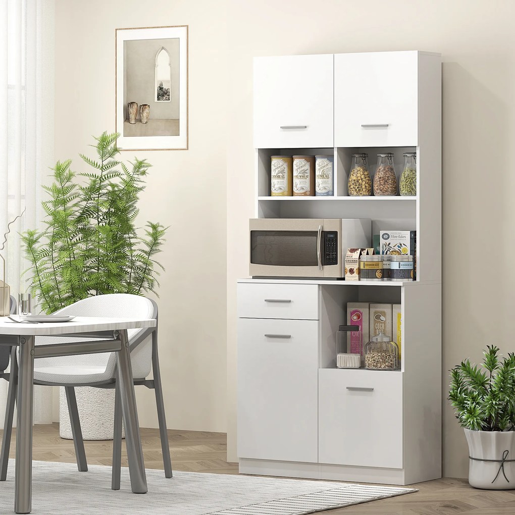 HOMCOM Dulap Înalt pentru Bucătărie cu Sertar, 4 Dulapuri și 3 Spații Deschise, 80x35x180 cm, Alb | Aosom Romania