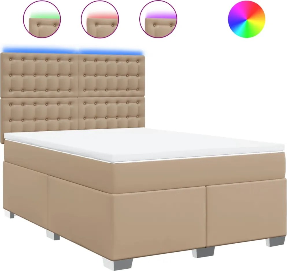 vidaXL Pat box spring cu saltea, cappuccino, 140x190cm piele ecologică