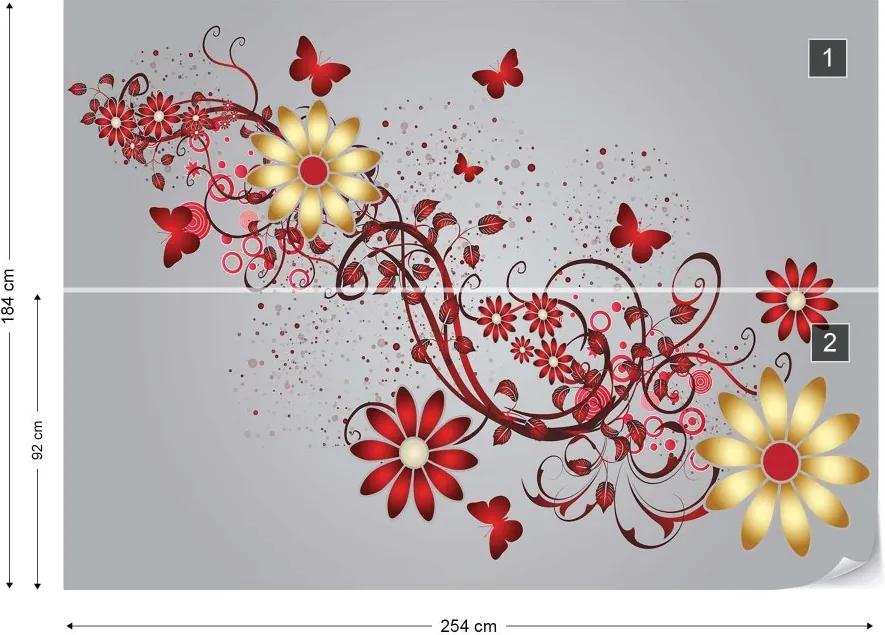 GLIX Fototapet - Modern Design Red Flowers And Butterflies Vliesová tapeta  - 254x184 cm
