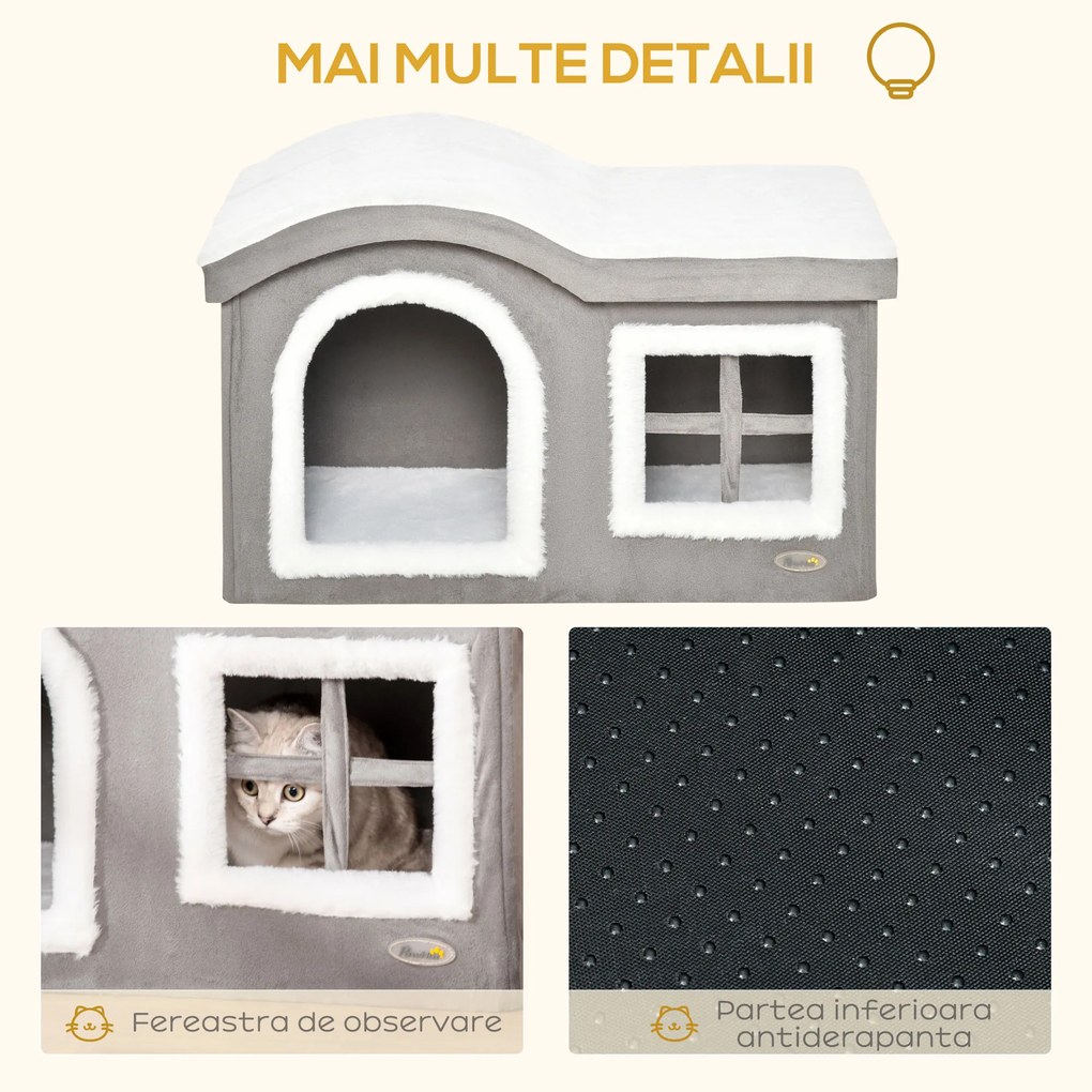 Casuta pentru Pisici de Interior PawHut, 63.5x37x40cm, Gri | Aosom RO