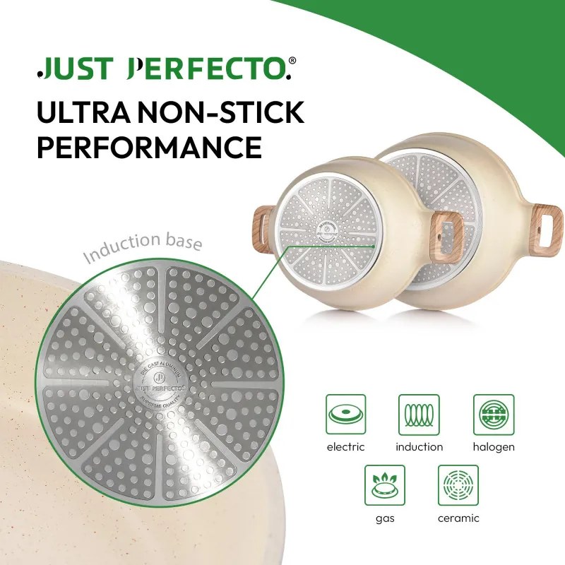 Resigilat: Set oale si tigai Just Perfecto JL-28, 15 piese, Turnat, Acoperire din marmura, Inductie, Accesorii, Bej