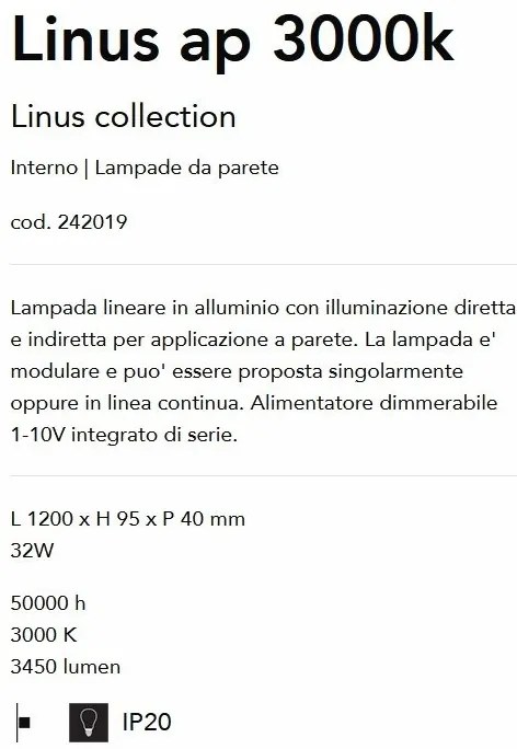 Aplica perete LED liniara 120cm ambientala LINUS AP 3000K BK