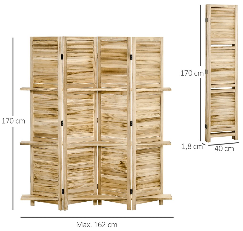 HOMCOM Paravan interior cu 4 panouri și 3 rafturi pliabile uși obloane lemn de paulownia aspect pin autoclav | Aosom Romania