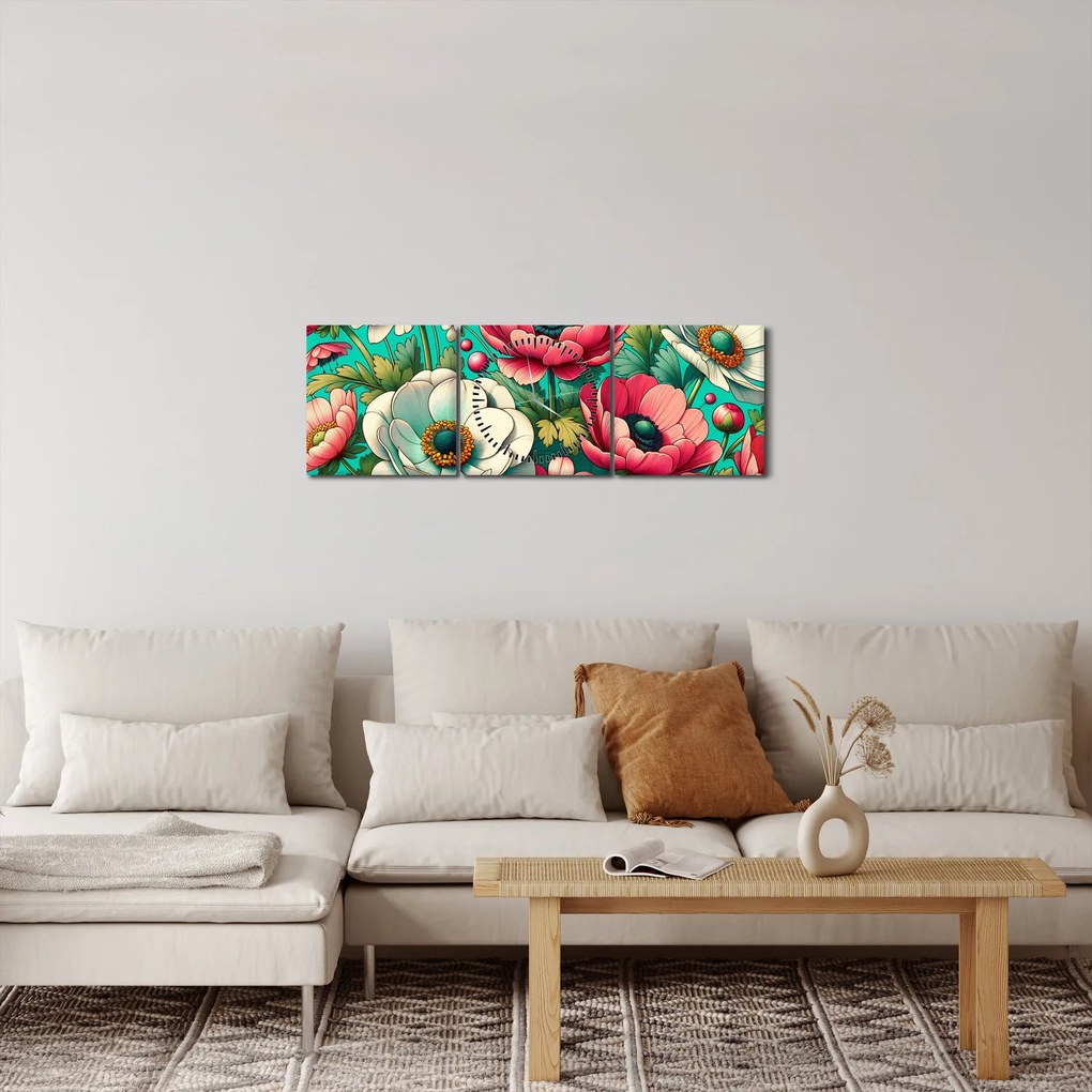 Tablou - Flori pe fundal albastru (cu ceas) (90x30 cm)