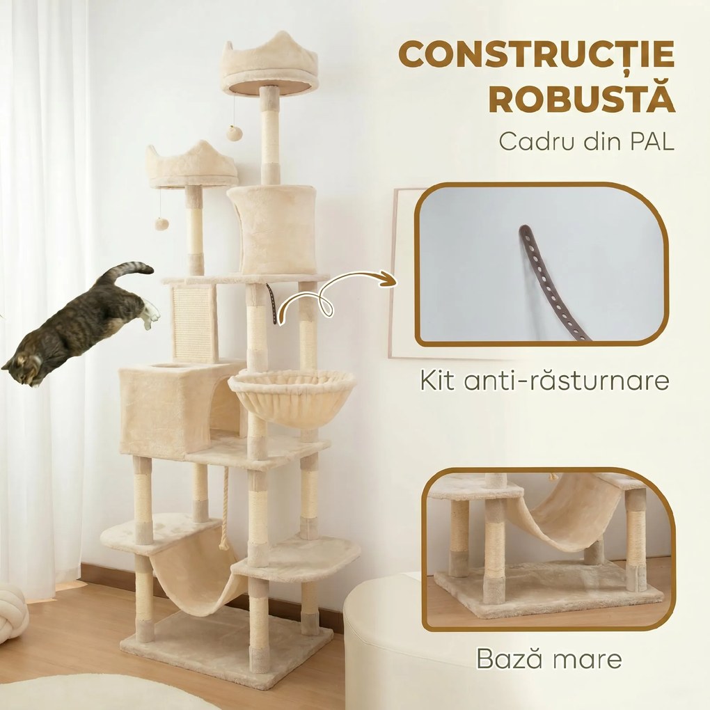 PawHut Ansamblu de Zgâriat pentru Pisici, 206 cm, cu Stâlpi din Sisal, Peșteri și Hamace, Bej | Aosom Romania