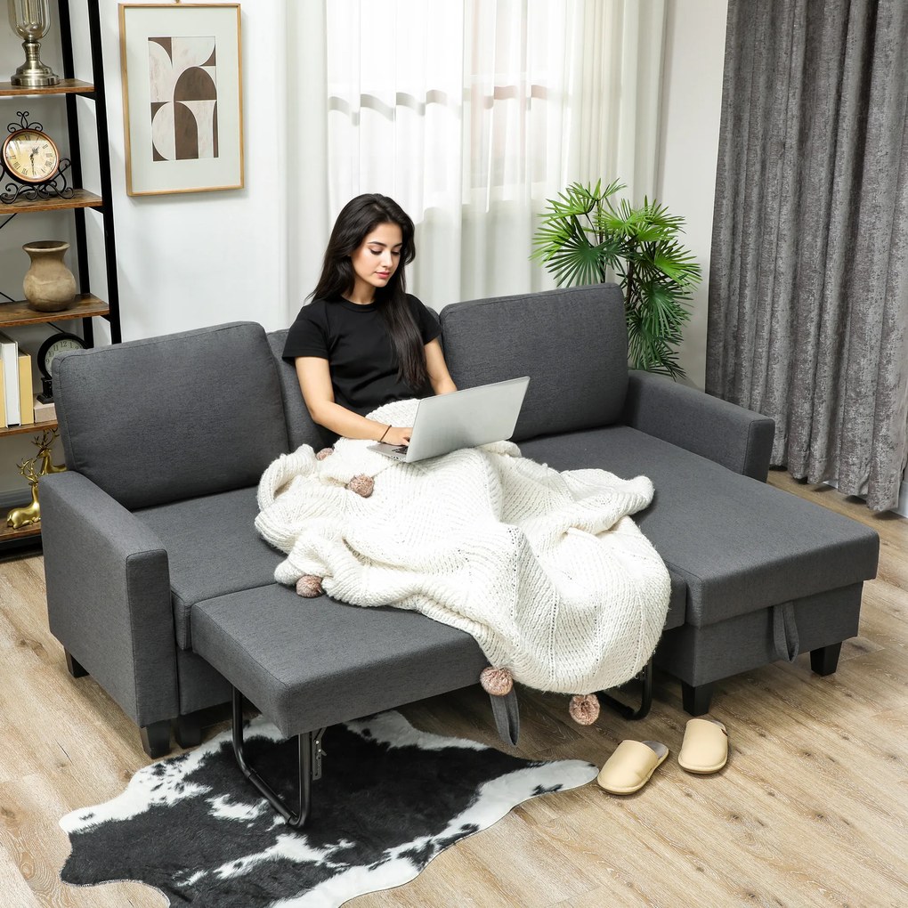 HOMCOM Canapea Extensibilă cu 3 Locuri cu Șezlong și Spațiu de Depozitare, 197x129x85 cm, Gri Închis | Aosom Romania