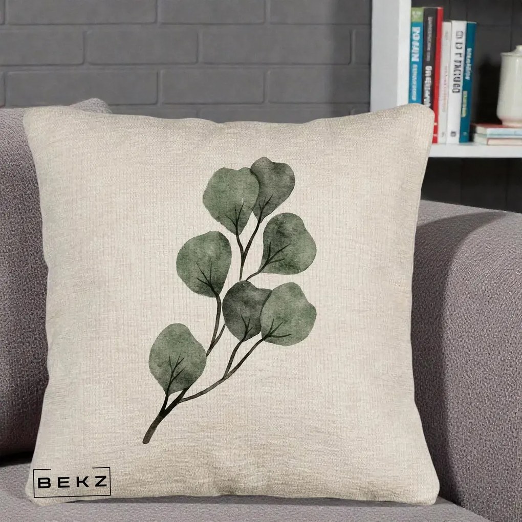 Perna Decorativa Ramura Eucalipt Acuarela, 40x40 cm, Bej Canapea, Husa Detasabila, Perna Inclusa, BEKZ®
