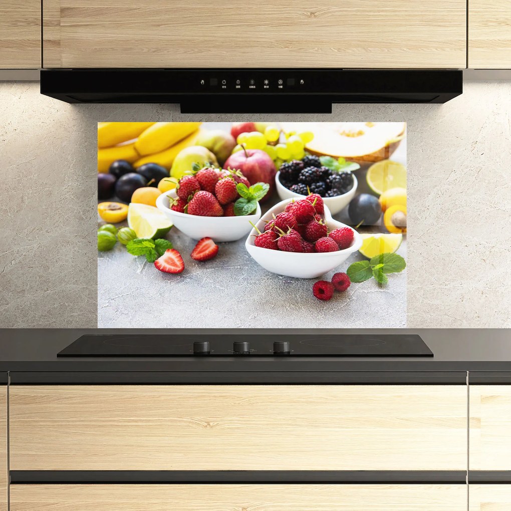 Panou Sticla Bucatarie, 60x80cm, Protectie aragaz, Antistropi, Termorezistent, Alimente, Fructe, Heart Fresh Fruits