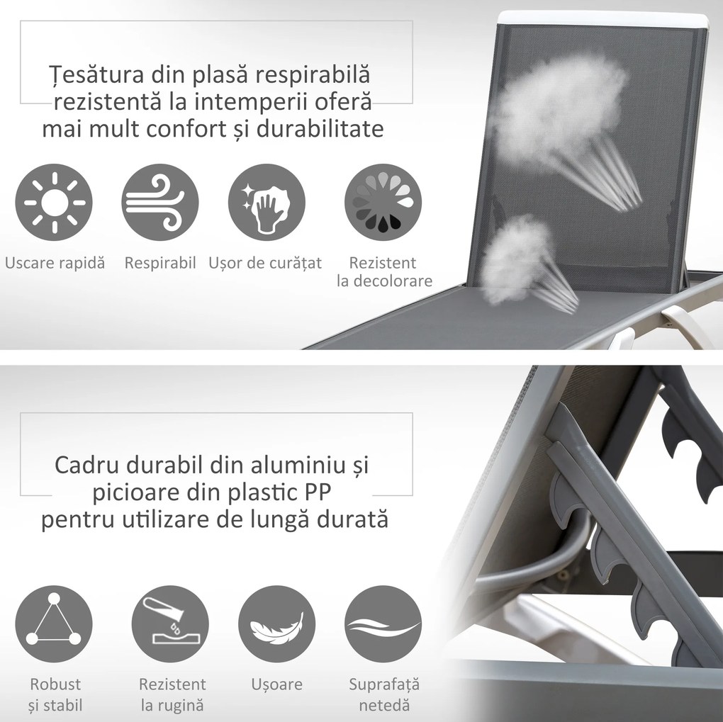 Outsunny Sezlong de Grădină cu Spătar Reglabil pe 5 Niveluri și Roți, Aluminiu și Textilena, Gri și Alb, 195x67.5x33 cm | Aosom Romania