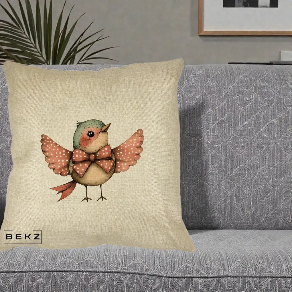 Perna Decorativa Pasare Roz cu Aripi si Fundita, 40x40 cm, Crem, Husa Detasabila, Perna Inclusa, BEKZ®