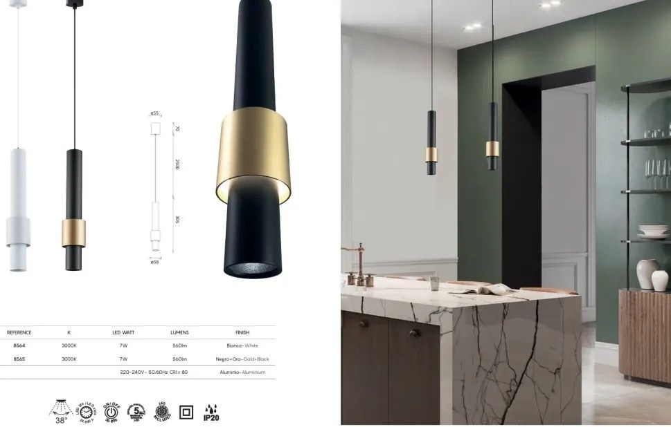 Pendul LED design minimalist 7W 3000K CLIFTON negru/ auriu MA-8565