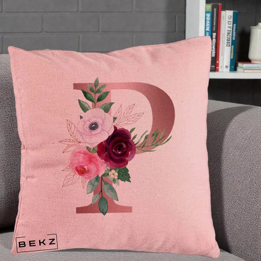 Cadou Personalizat - Perna Personalizata Monograma Rose Gold Litera P, 40x40 cm, Roz, Husa Detasabila, Perna Inclusa, BEKZ®