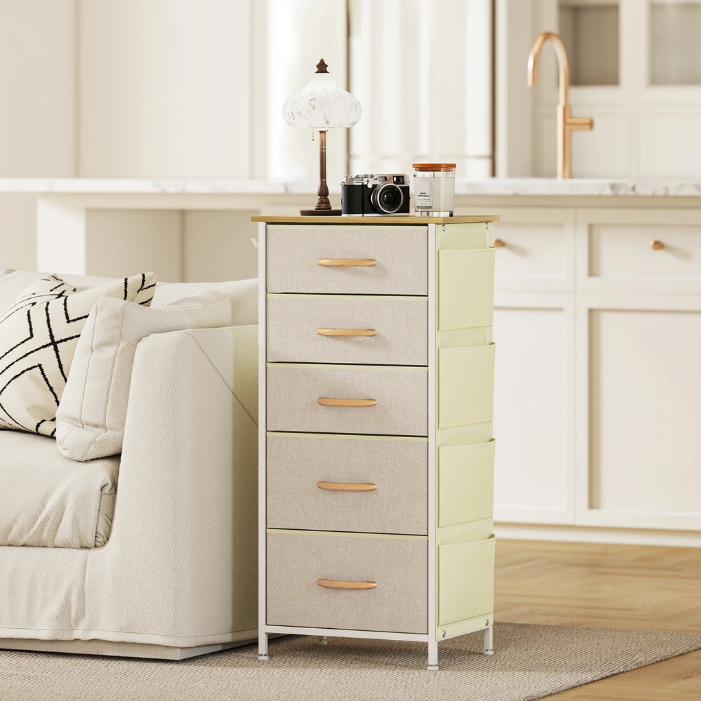 HOMCOM Comodă pentru dormitor cu 5 sertare din material textil, traverse din oțel, suprafață din lemn, 4 buzunare de depozitare, 2 cârlige, bej | Aosom Romania