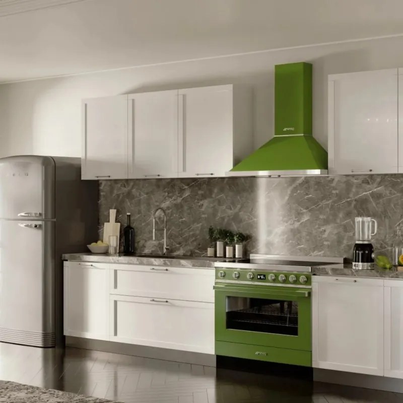 Hota decorativa SMEG Portofino KPF9OG, 275 W, A+, 781 m³/h, 3 viteze, 3 filtre, Supapa, Otel inoxidabil, LED, Verde