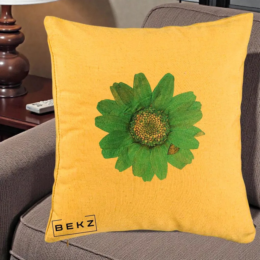Perna Decorativa Floare Gerbera Teal Acuarela, 40x40 cm, Galben, Husa Detasabila, Perna Inclusa, BEKZ®