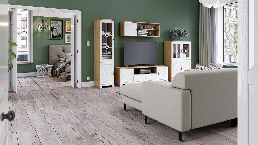 Mazzoni Mobilier dulap de perete PROVENZA Stejar Piatră/Alb Mat - COMODĂ MARE TV COMODĂ CU VITRINĂ ȘI RAFTURI PENTRU LIVING RETRO