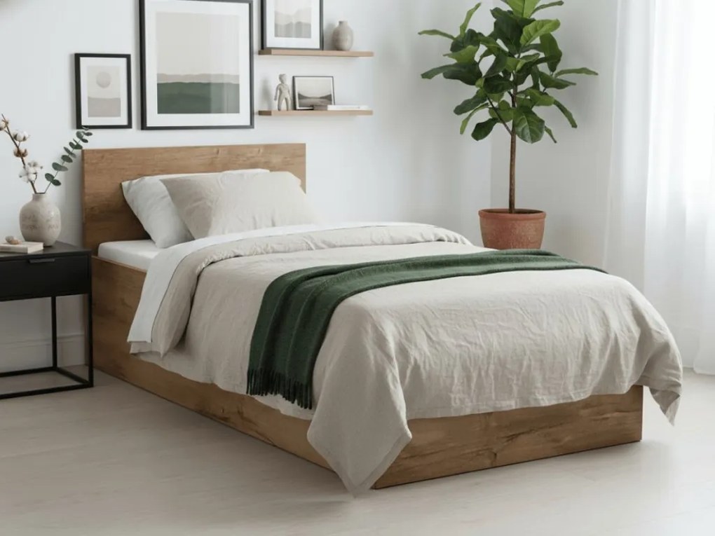 Pat de o persoana SOFIA 90 x 200 cm, stejar artisan Saltele: Cu saltele Coco Maxi 20 cm, Somiera pat: Cu lamele drepte