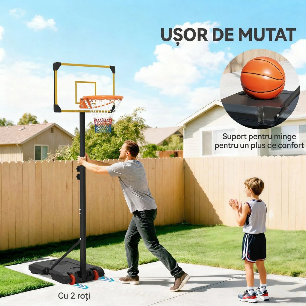 SPORTNOW Coș de Baschet pentru Copii 6-14 Ani, Coș de Baschet cu Înălțime Reglabilă, Roți și Bază Umplută, 71x46 cm, Galben | Aosom Romania