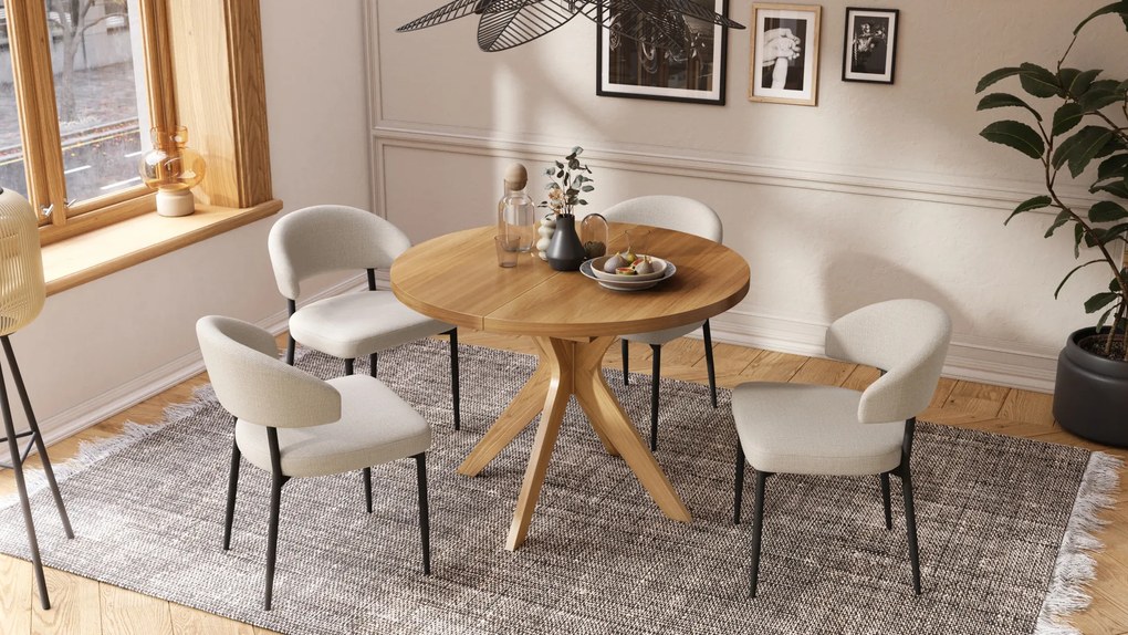 Mazzoni RENZO Stejar Natural - MASĂ ROTUNDĂ DIN LEMN Ø110 EXTENSIBILĂ PÂNĂ LA 180 cm | PENTRU BUCĂTĂRIE SUFRAGERIE LIVING RETRO