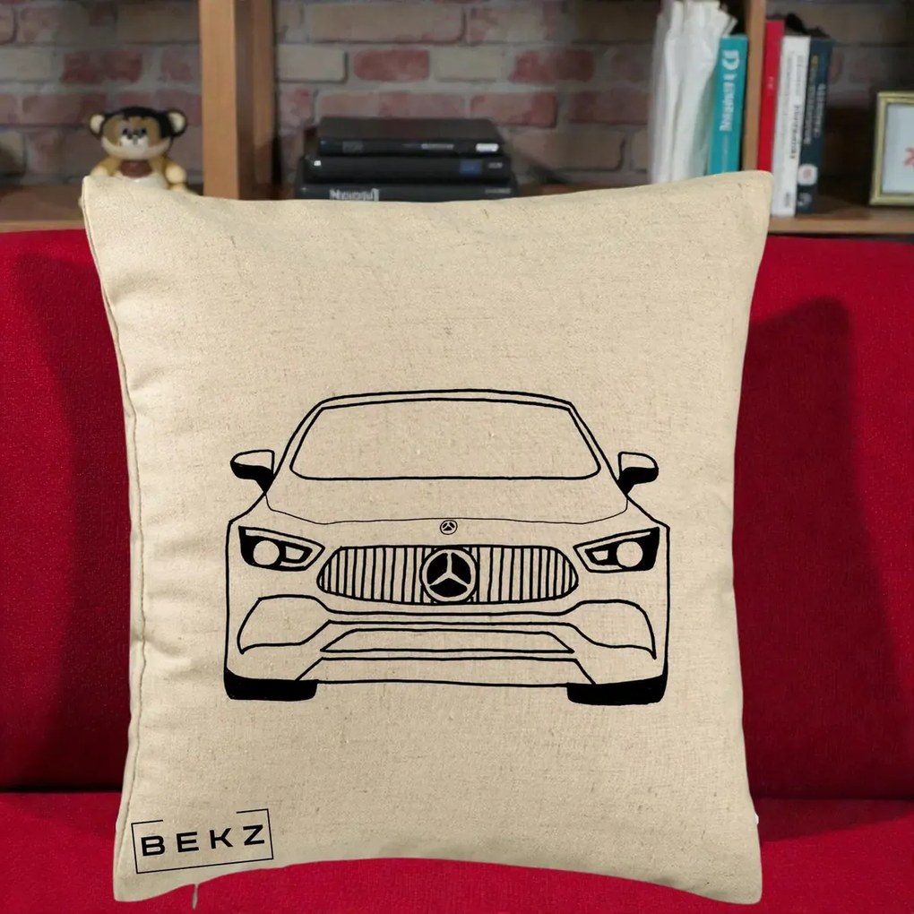 Perna Personalizata Mercedes-Benz Fata Linie, 40x40 cm, Bej, Husa Detasabila, Perna Inclusa, BEKZ®