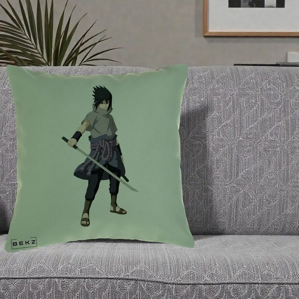 Perna Personalizata Naruto Sasuke Uchiha cu Sabia, 40x40 cm, Verde, Husa Detasabila, Perna Inclusa, BEKZ®