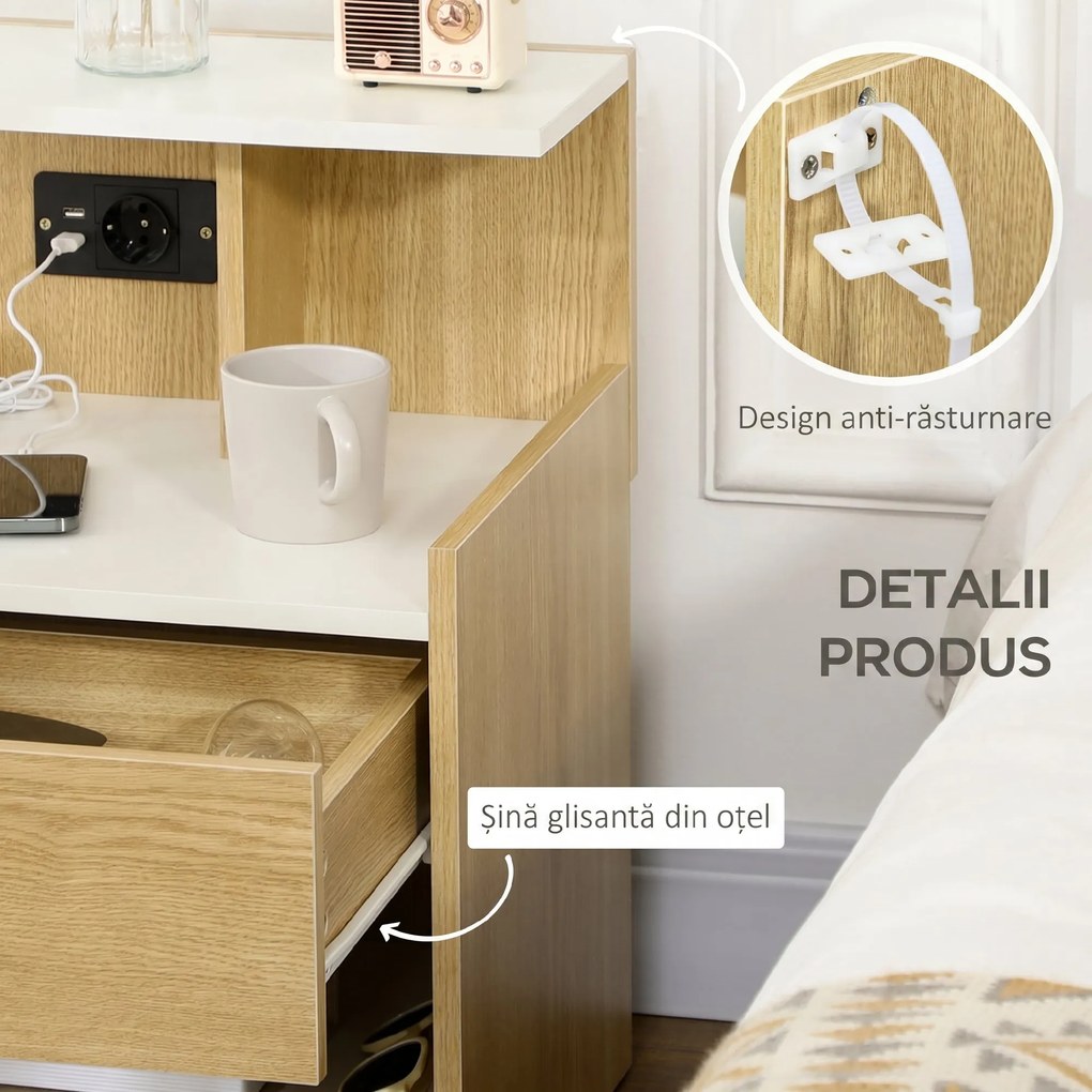 HOMCOM Noptieră Modernă cu Prize USB și Sertar, 40x40x60cm, Lemn Natural | Aosom Romania