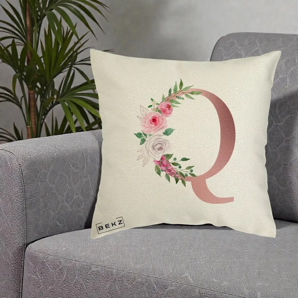 Cadou Personalizat - Perna Personalizata Monograma Rose Gold Litera Q, 40x40 cm, Ecru, Husa Detasabila, Perna Inclusa, BEKZ®