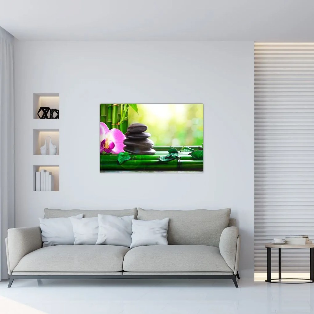 Tablou cu pietre pentru masaj și orhidee (90x60 cm)