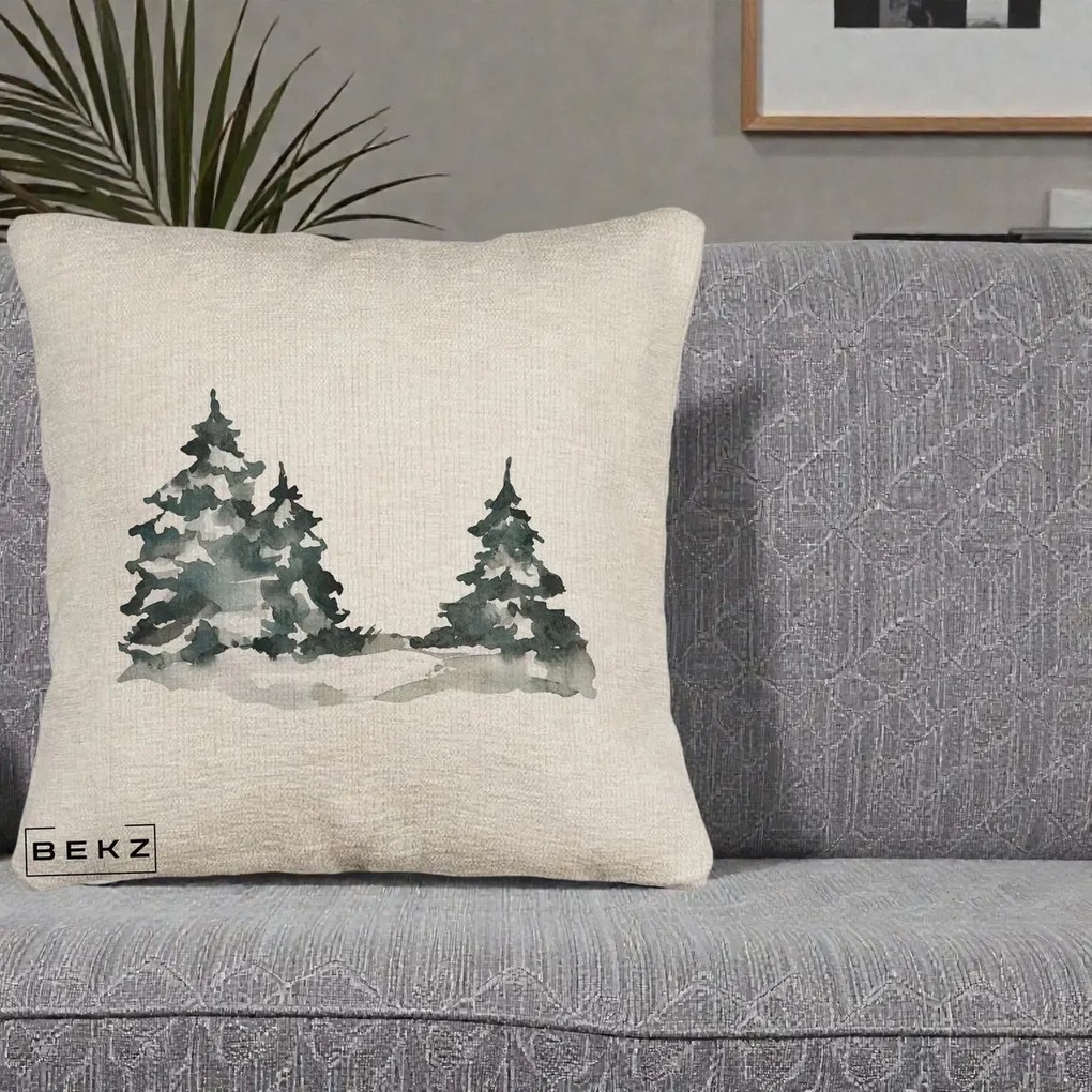 Perna Decorativa Brazi Inzapeziti Acuarela, 40x40 cm, Bej Canapea, Husa Detasabila, Perna Inclusa, BEKZ®