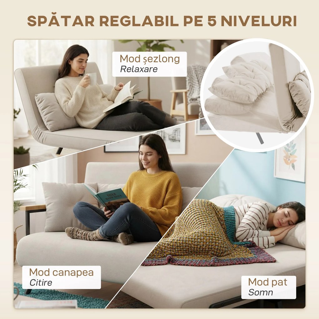 HOMCOM Canapea Pat de 2 Locuri cu Spătar Reglabil pe 5 Nivele și 2 Perne din Material Capitonat, 102x73x81 cm, Negru | Aosom Romania