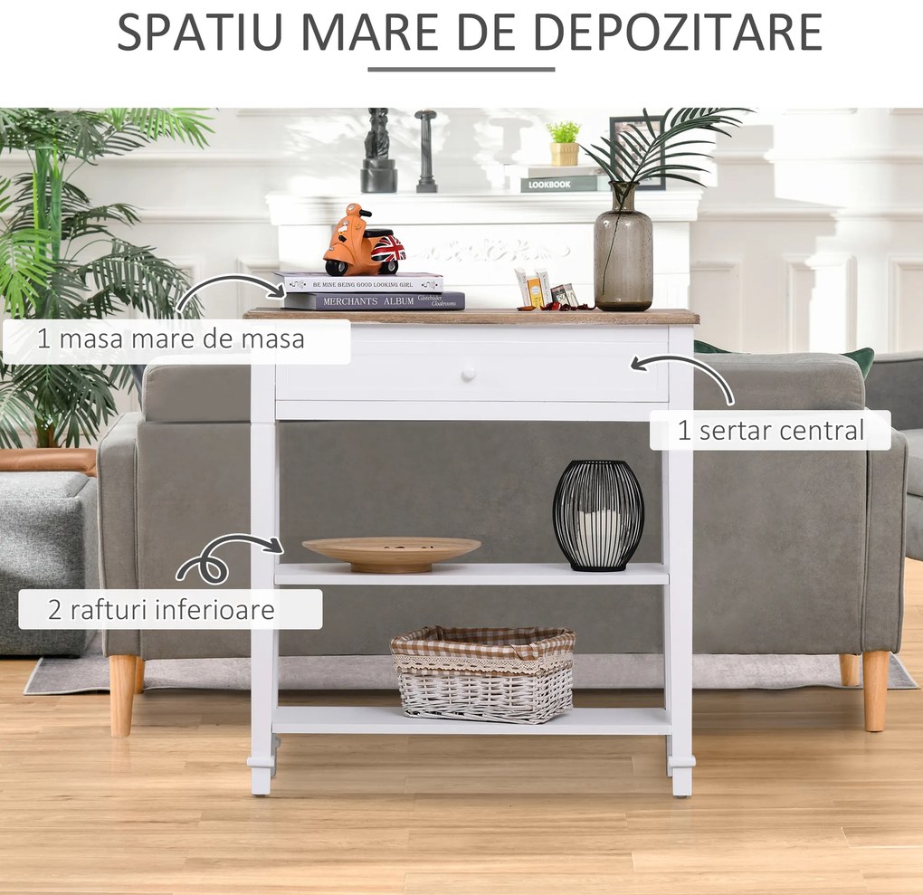 HOMCOM Masa multifunctionala pentru hol, cu sertar, lemn pin, 75.6x27.5x80.5cm, alb | Aosom Romania