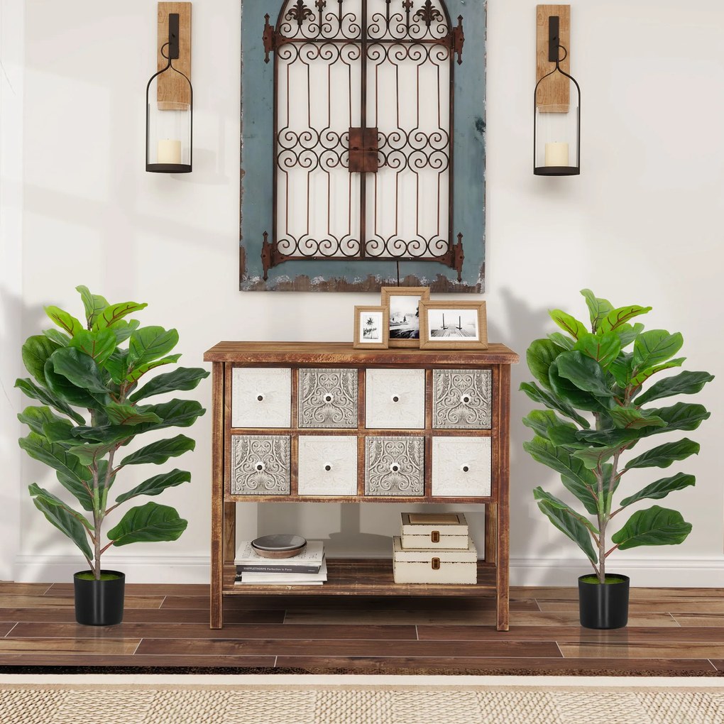 HOMCOM Set de 2 plante artificiale de interior 80 cm ficus lyrata arbore artificial cu ghiveci din plastic și sol flocat verde | Aosom Romania