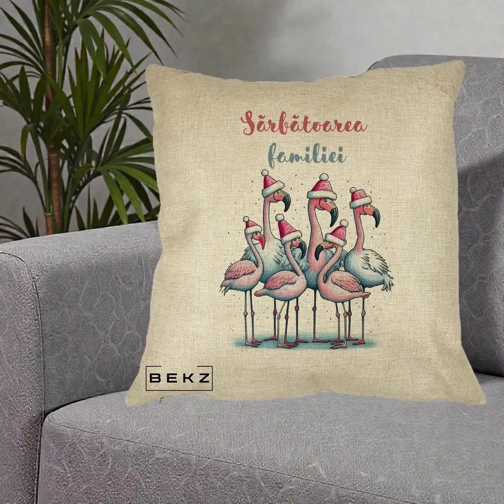 Perna Decorativa Flamingo Craciun Sarbatoarea Familiei, 40x40 cm, Crem, Husa Detasabila, Perna Inclusa, BEKZ®