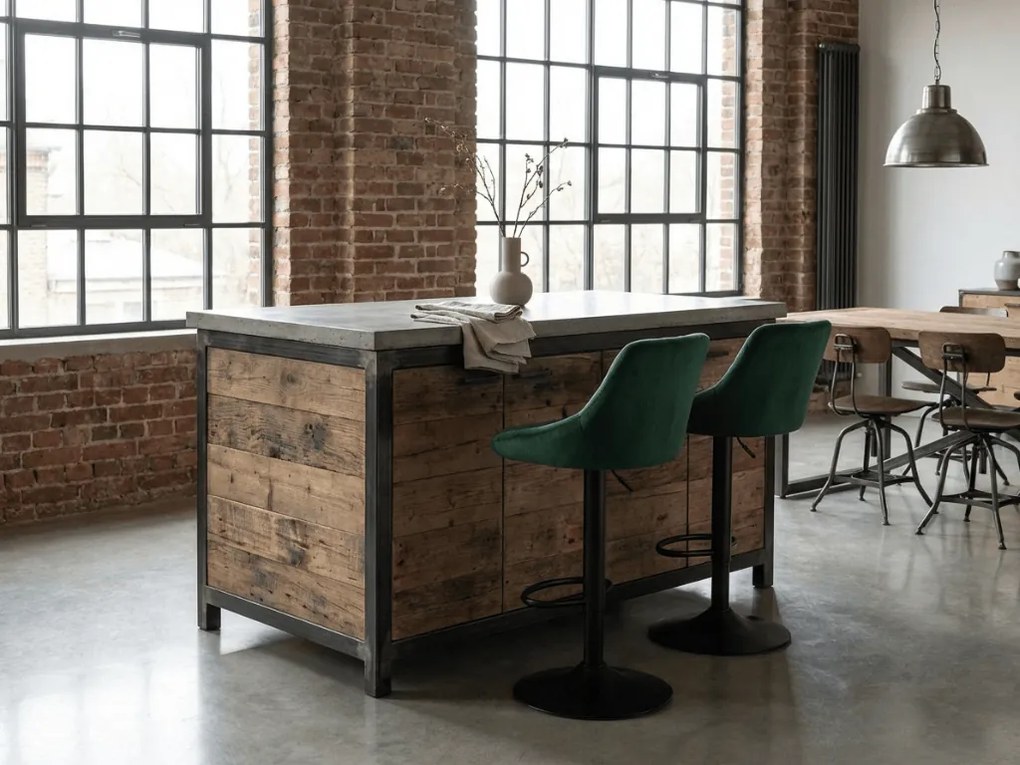 Scaun de bar verde KAST VELVET cu picior negru