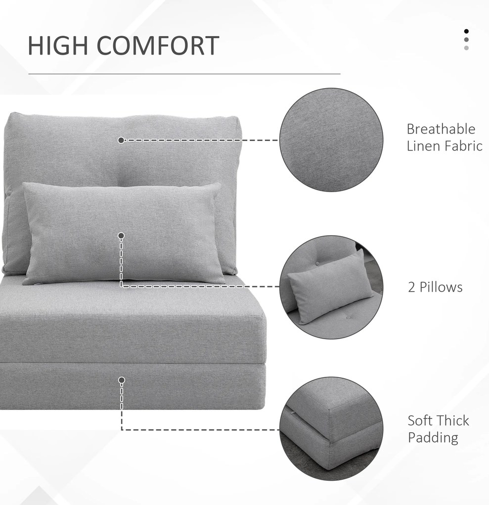 HOMCOM Fotoliu Pat 3 în 1 Convertibilă în Șezlong și Divan de Pe Podea cu 2 Perni, Gri Deschis | Aosom Romania