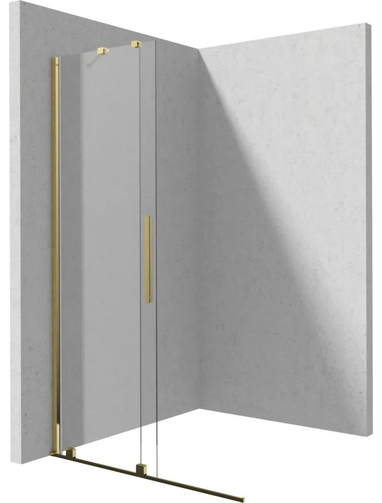 Set paravan dus walk-in cu usa glisanta, 90x195 cm, auriu lucios, Deante Prizma, rigola cu capac faiantabil reversibil din otel si coloana de dus crom