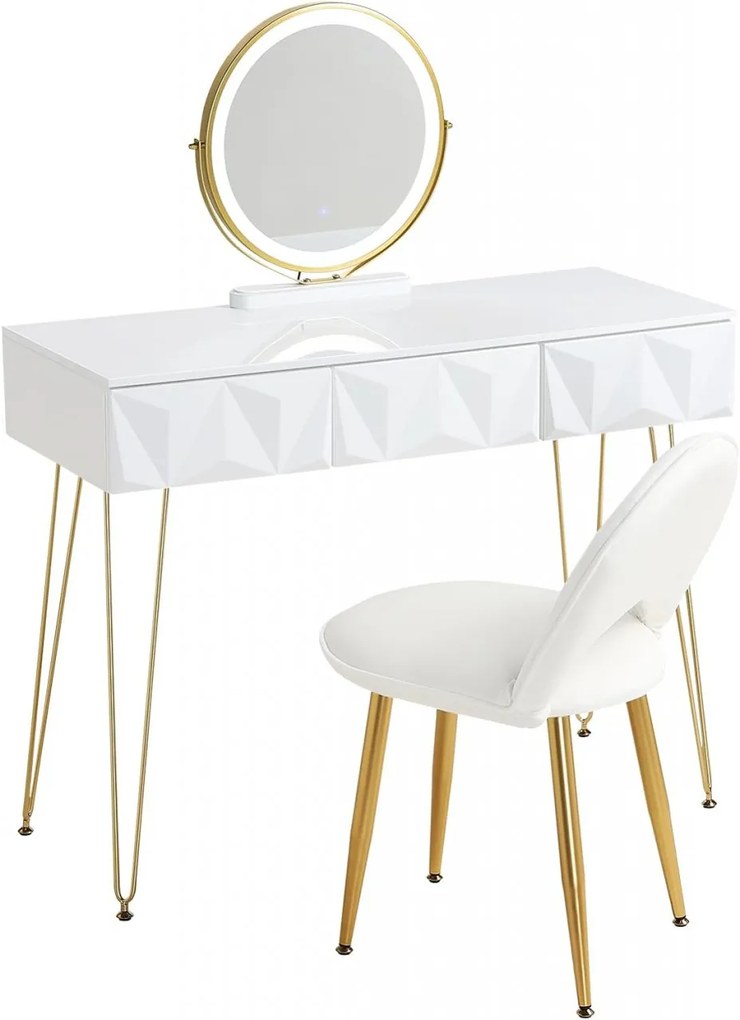 SEA435 - Set Masa toaleta, 100 cm, cosmetica machiaj, oglinda cu LED, masuta vanity, scaun tapitat - Alb lucios