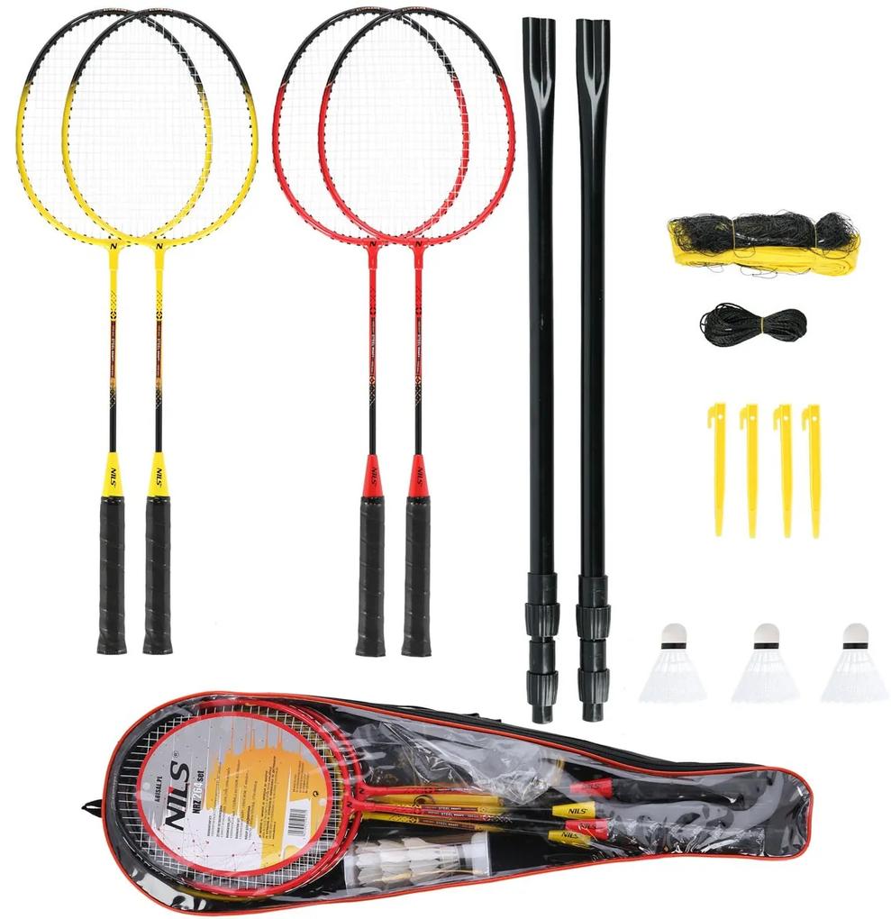 Set Complet badminton 4 rachete,3 fluturasi,filieu,stalpi pliabili si cuie de ancorare