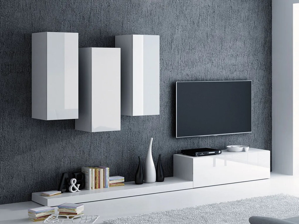 Camera de zi Charlotte A118Alb lucios, Alb, Părți separate, Cu comodă tv, MDF, PAL laminat, 300x42cm, 83 kg