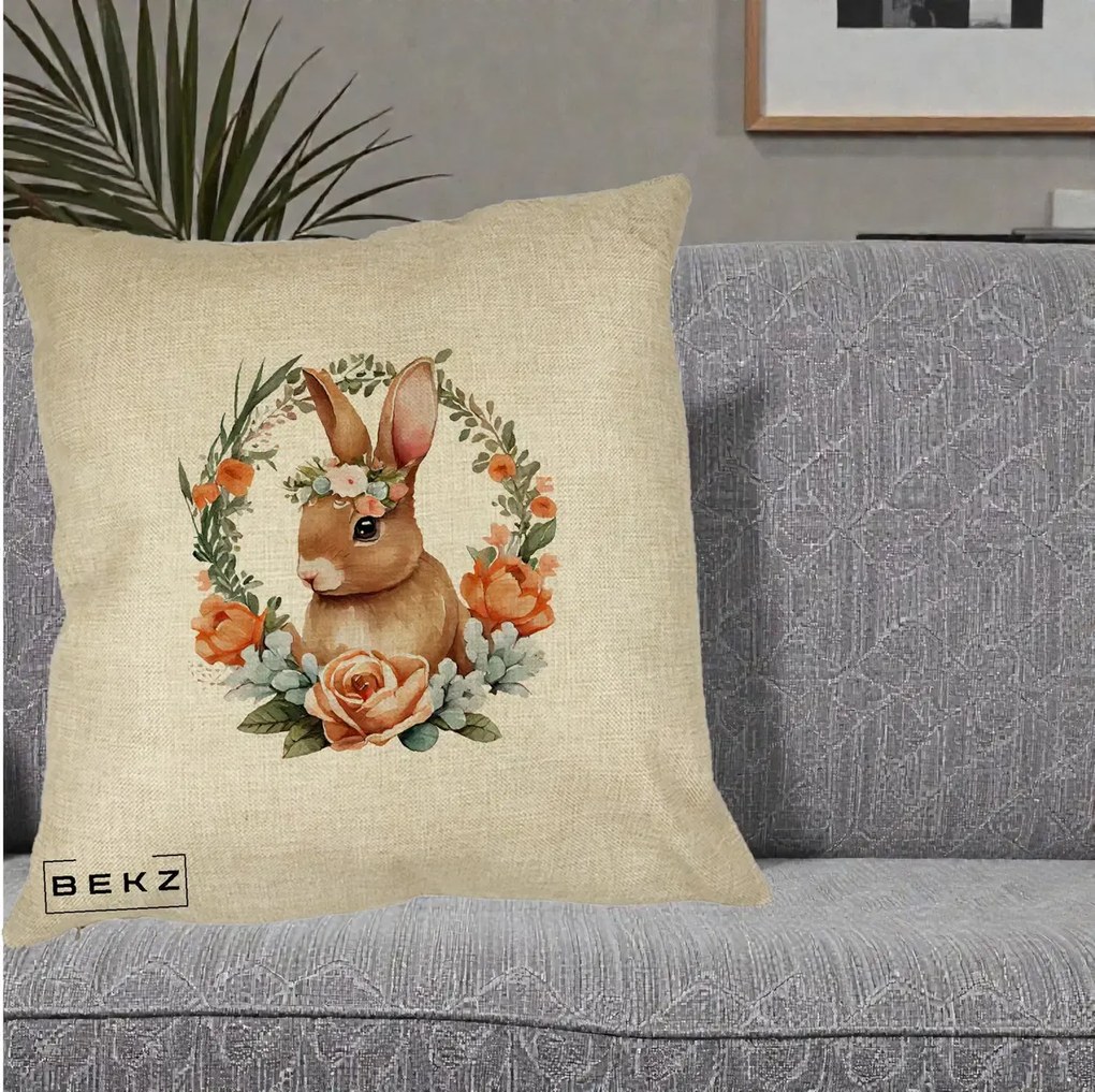 Perna Decorativa Iepuras Floral Coronita Acuarela, 40x40 cm, Crem, Husa Detasabila, Perna Inclusa, BEKZ®