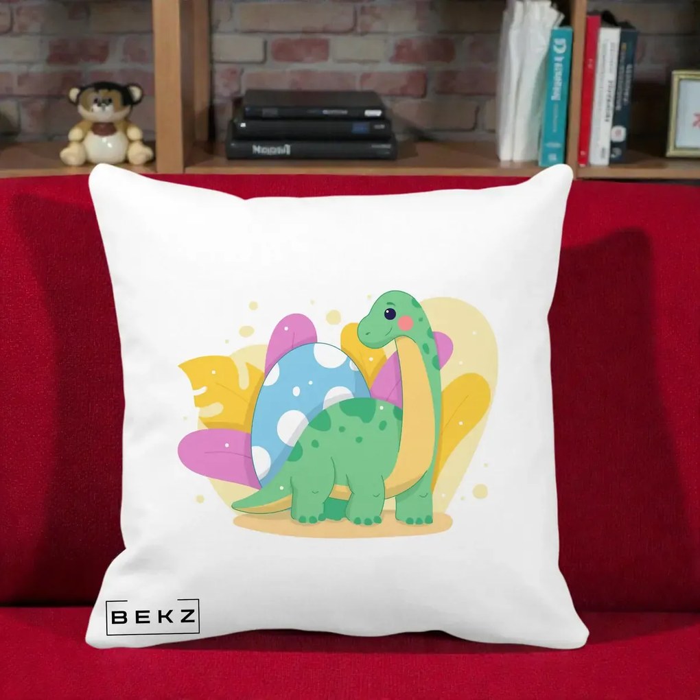 Perna Personalizata Dinozaur cu Ou Pastelat, 40x40 cm, Alba Mata, Husa Detasabila, Perna Inclusa, BEKZ®