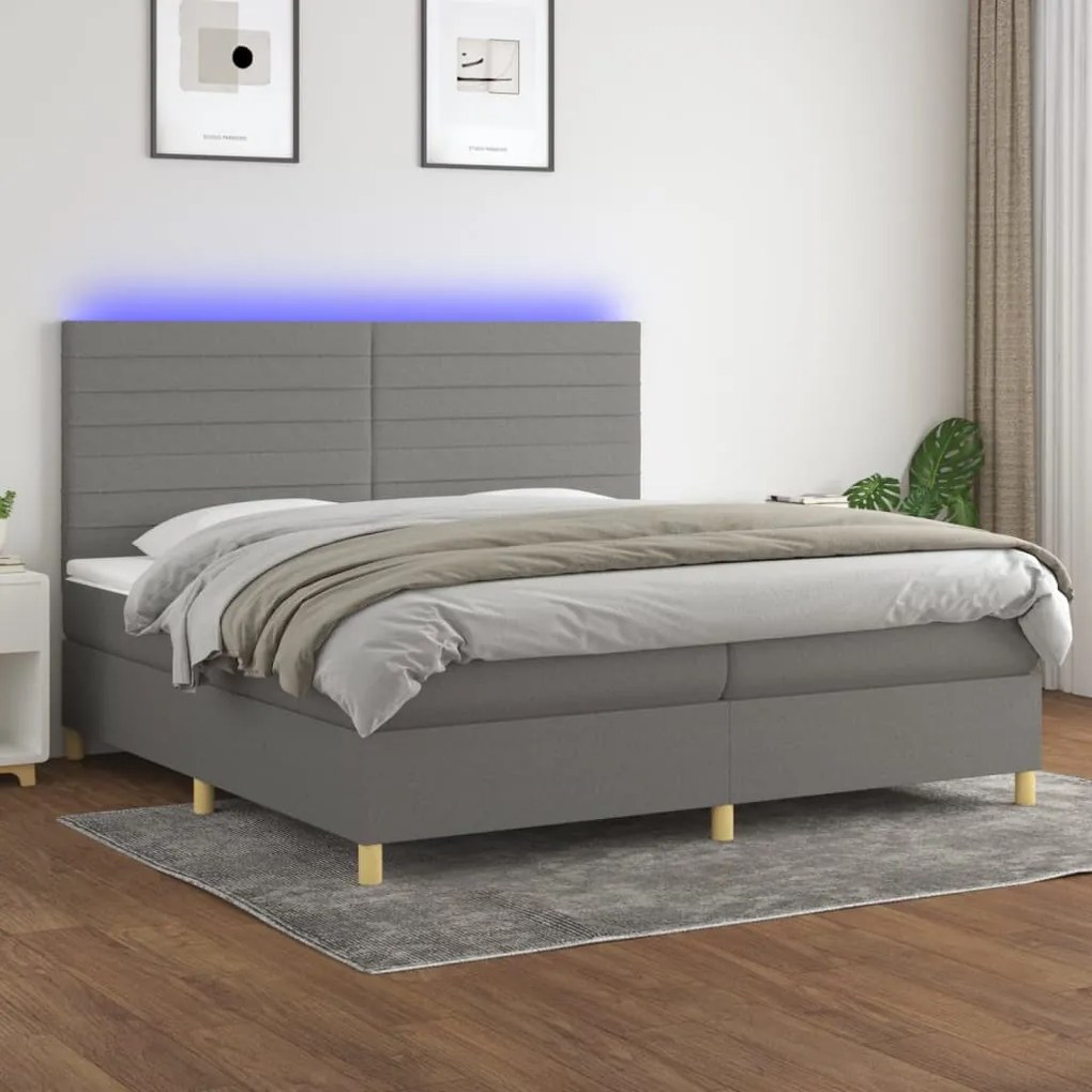 vidaXL Pat cu arcuri, saltea și LED, gri închis, 200x200 cm, textil