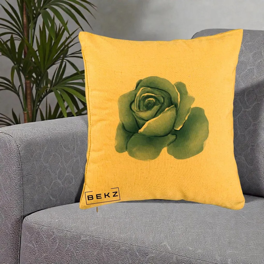 Perna Decorativa Trandafir Albastru Acuarela, 40x40 cm, Galben, Husa Detasabila, Perna Inclusa, BEKZ®